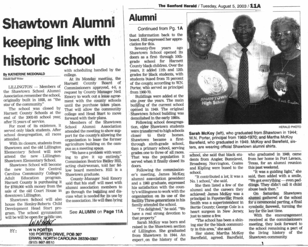 The Sanford Herald newspaper article titled "Shawtown Alumni keeping link with historic school"